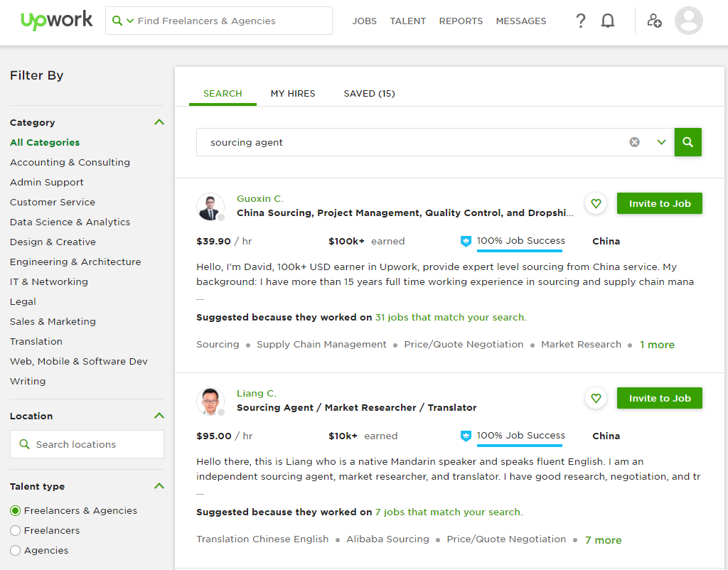 Upwork, résultats de recherche pour "Sourcing agent"