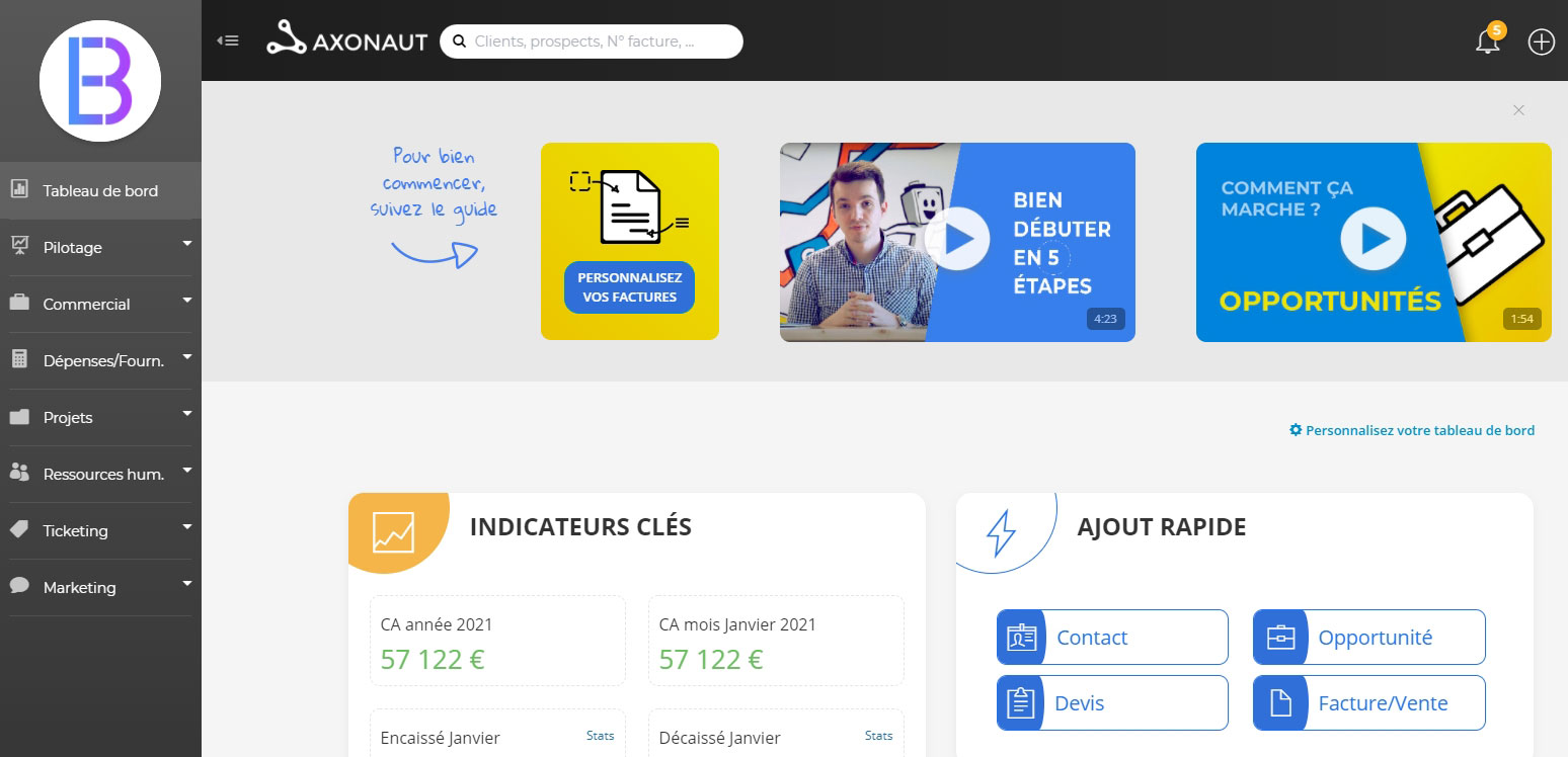 Tableau de bord - Axonaut - Logiciel de gestion d'entreprise tout-en-un